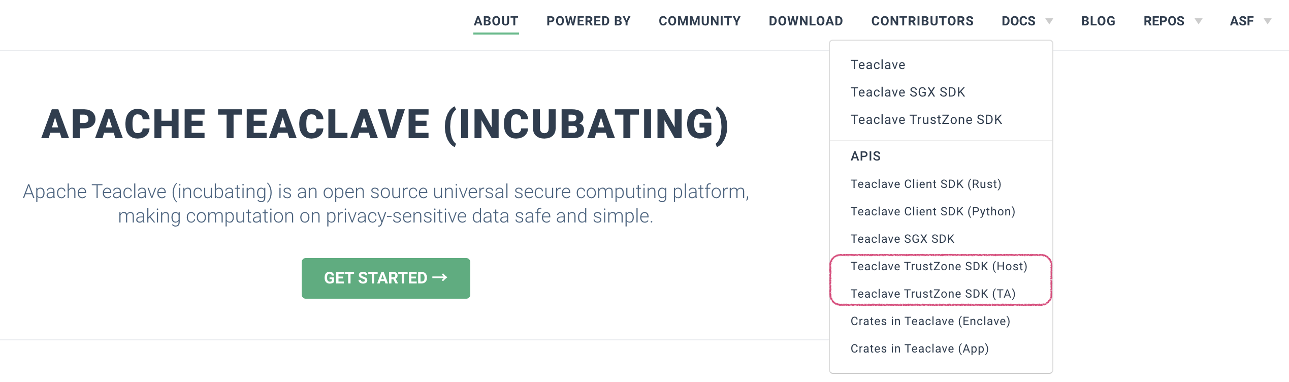 Teaclave TrustZone SDK Links in Homepage